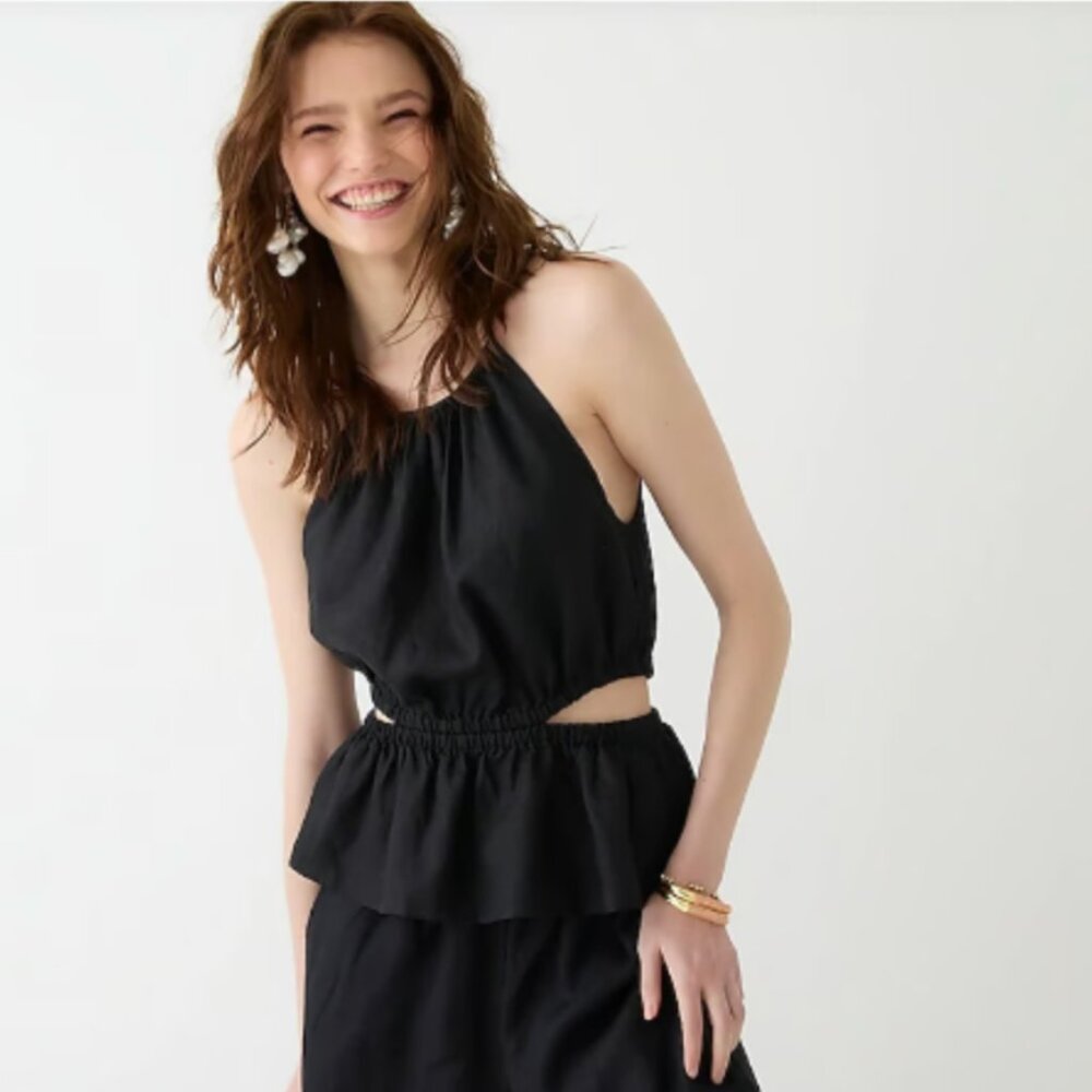 New! J. Crew Black Linen Cut Out Top